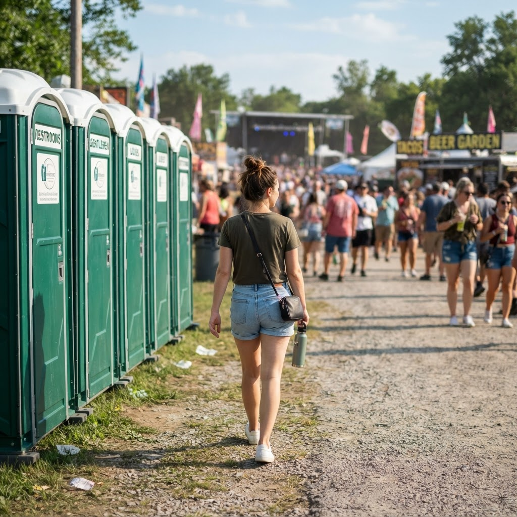 Row of standard portable restrooms outdoors