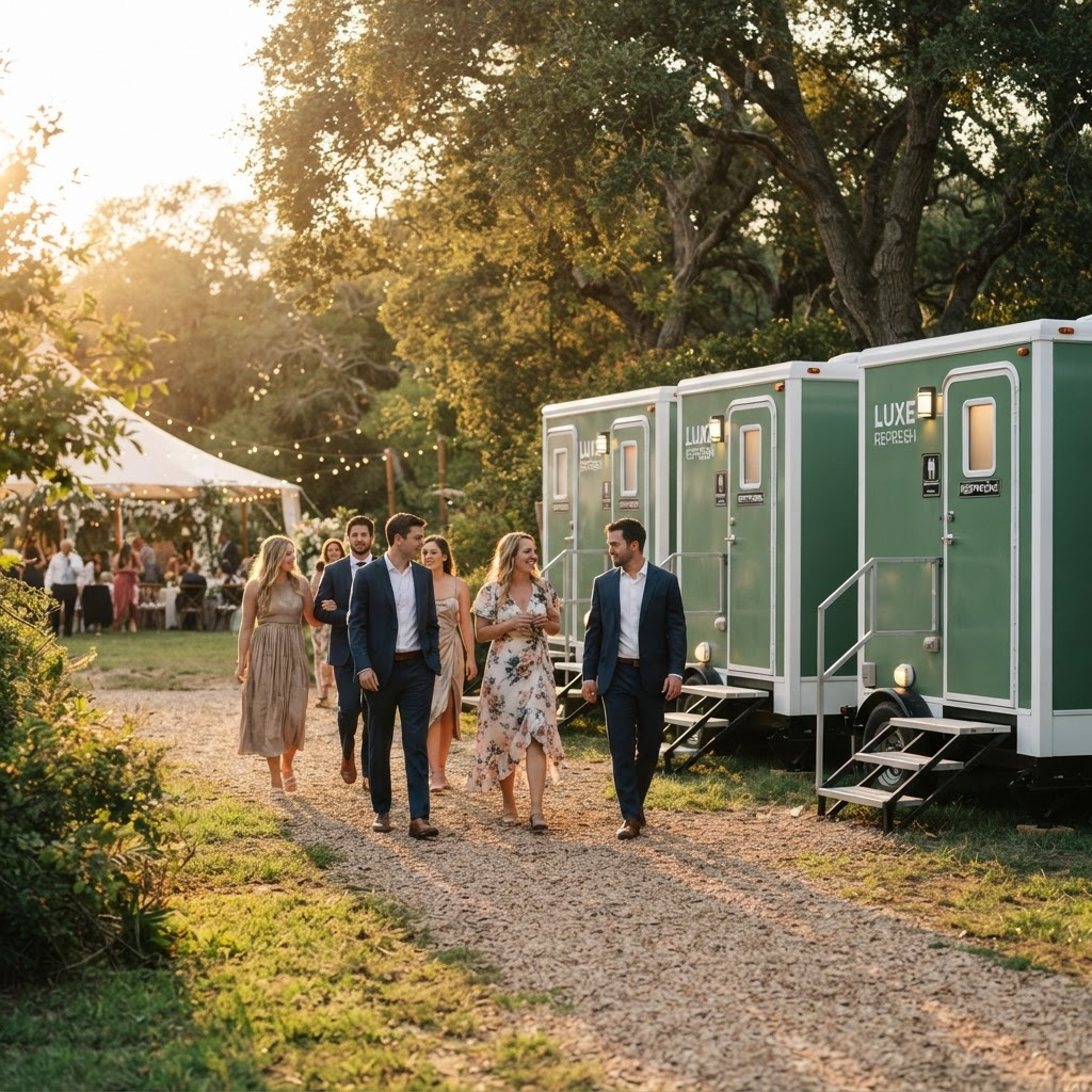 Guests walking toward a row of portable restrooms at an outdoor event
