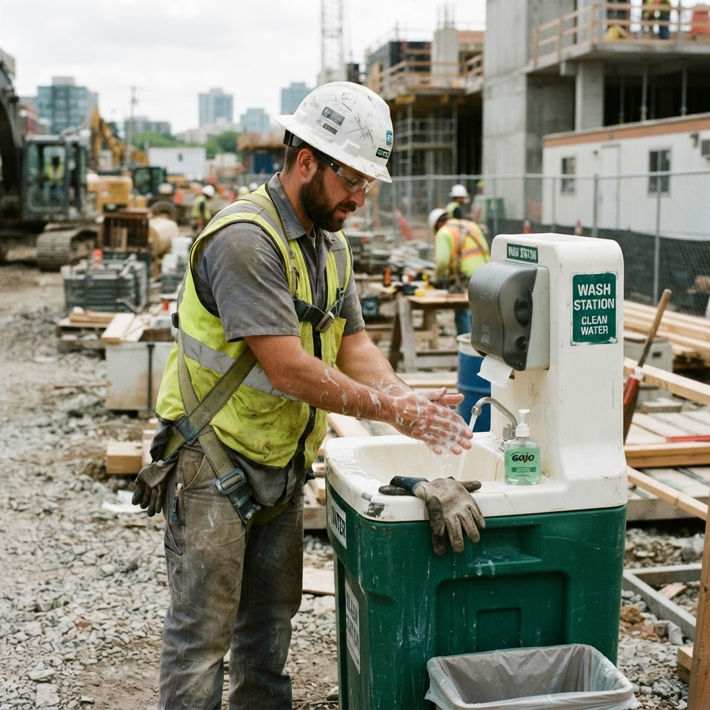 Technician servicing a portable restroom unit